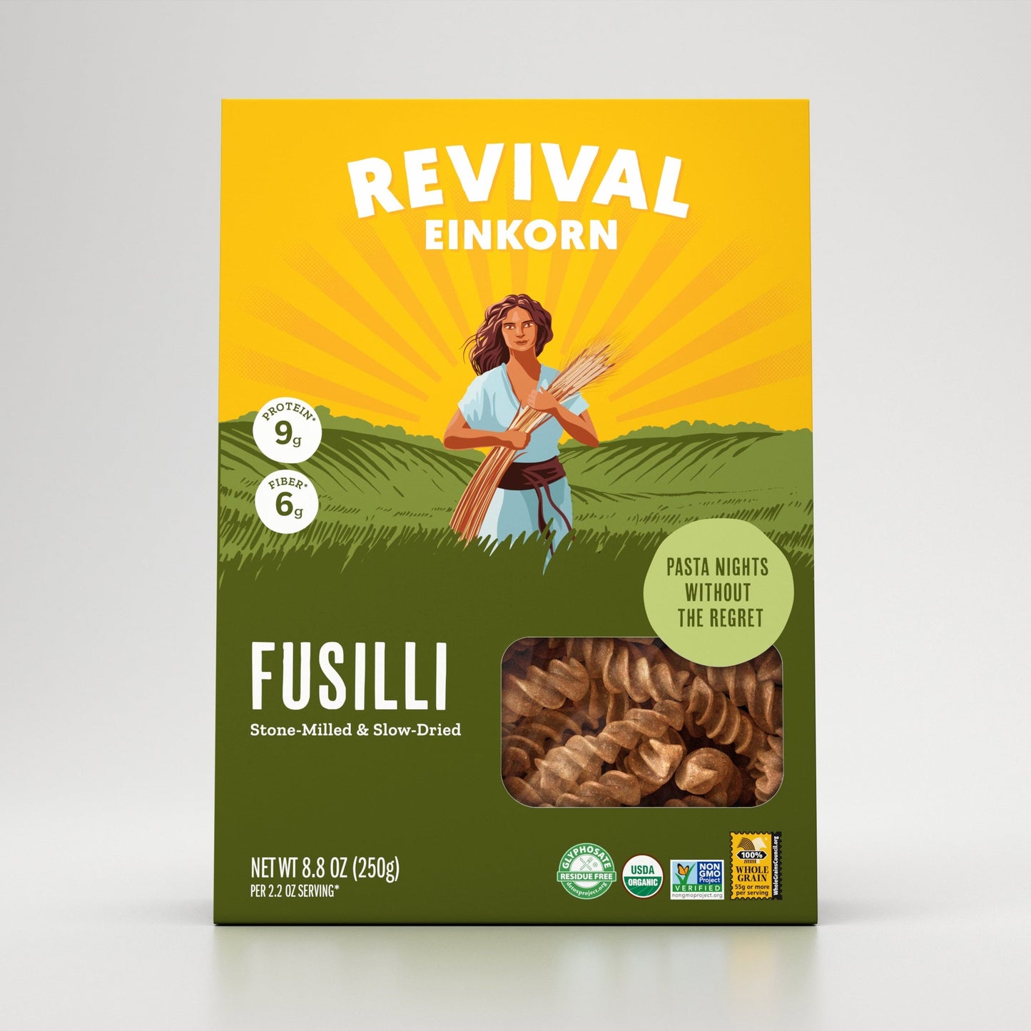 Front view of Organic Einkorn Fusilli packaging
