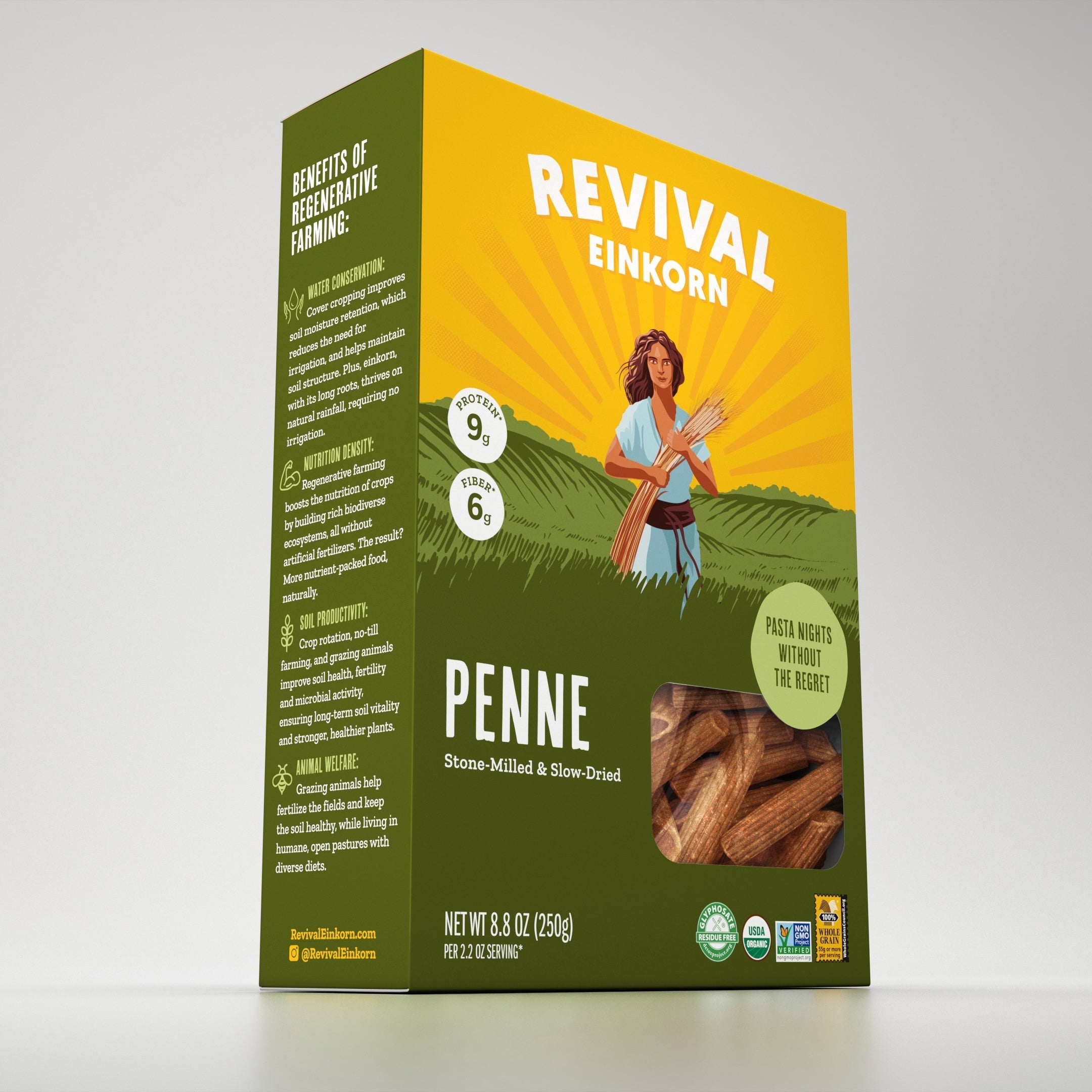 Angled view of Organic Einkorn Penne packaging