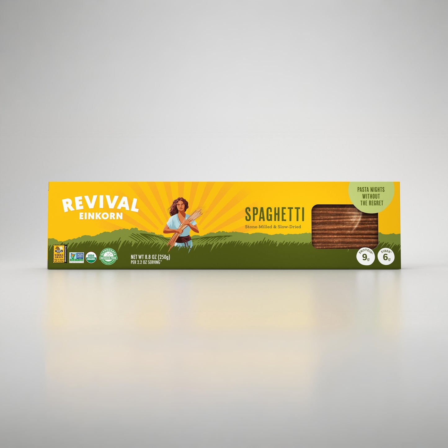 Front view of Organic Einkorn Spaghetti packaging