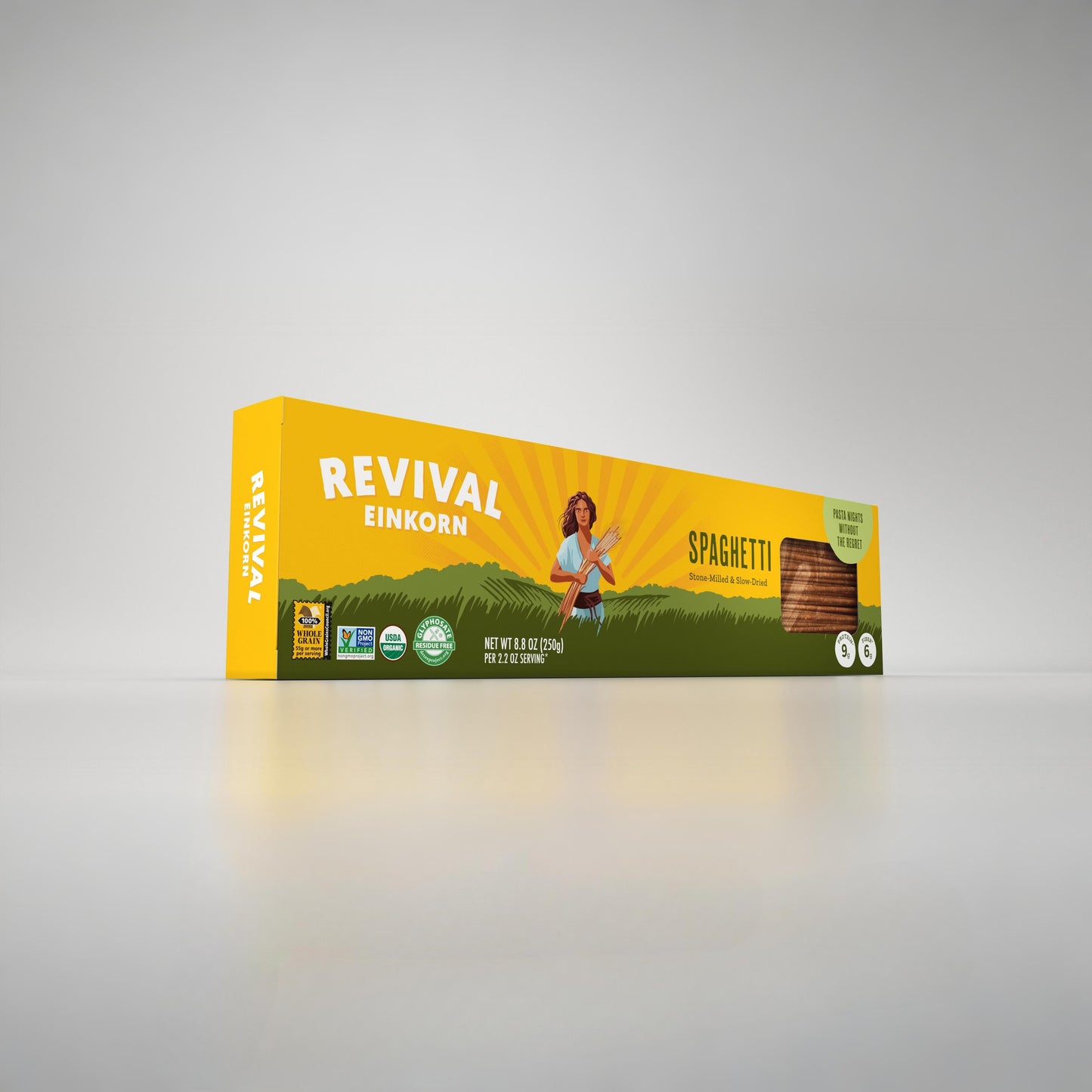 Angled view of Organic Einkorn Spaghetti packaging