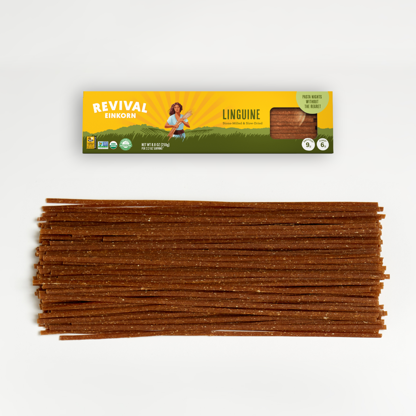 Organic Einkorn Linguine packaging with several sample linguine