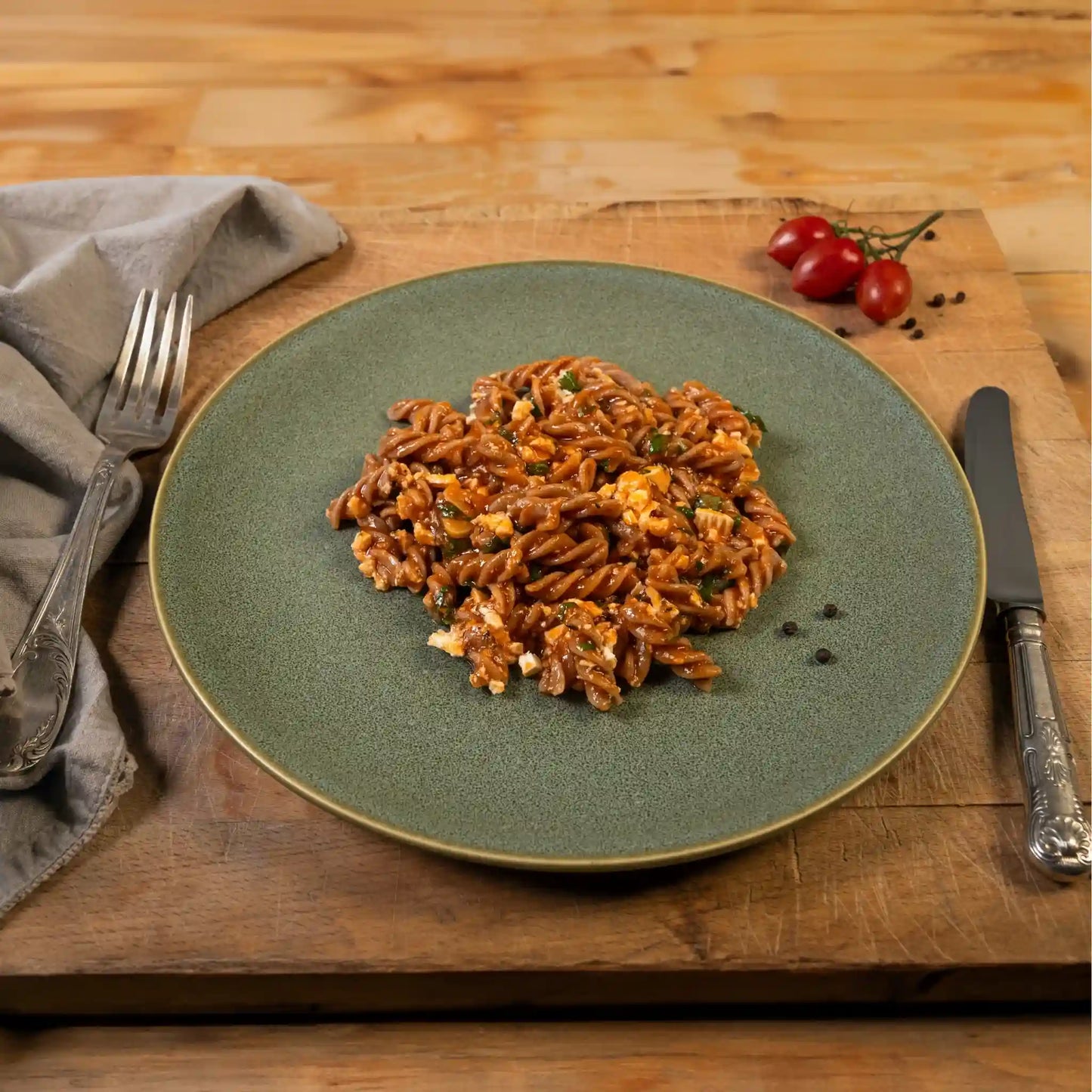 Plate of cooked Organic Einkorn Fusilli with assorted ingredients