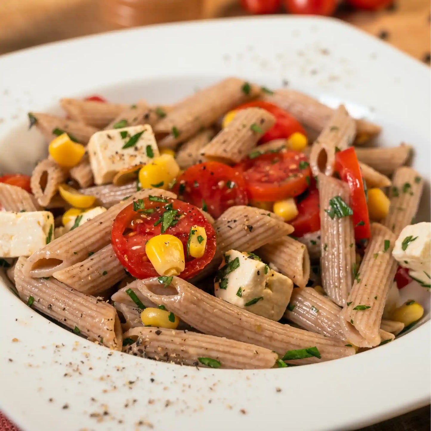 Plate of cooked Organic Einkorn Penne with assorted ingredients