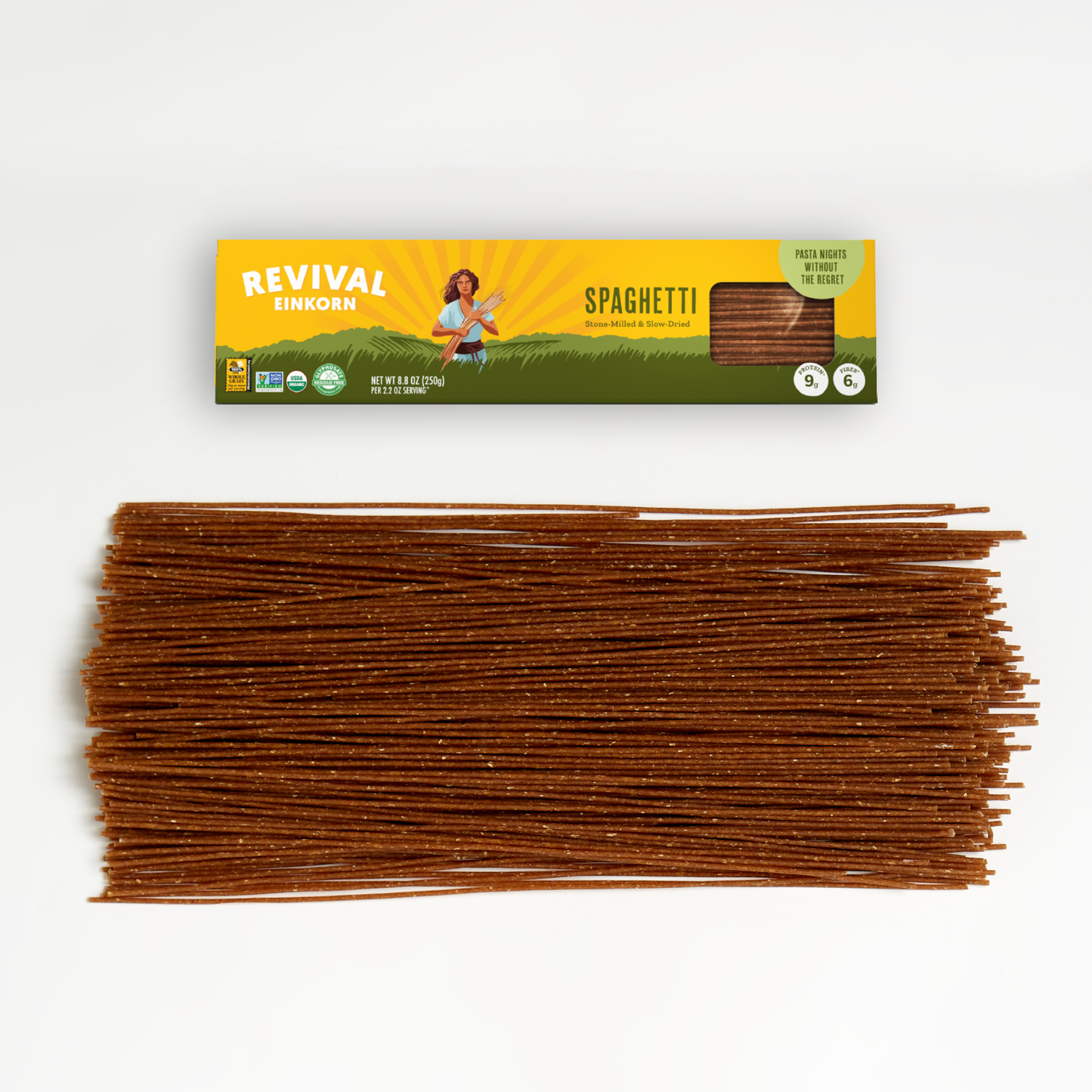 Organic Einkorn Spaghetti packaging with several sample spaghetti